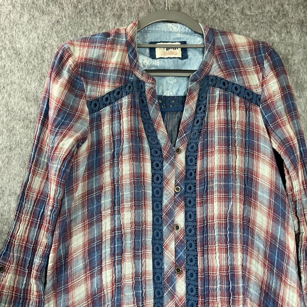 Holding Horses Dress Womens XS Red Blue Plaid Boho Eyelet Trim Anthropologie - Picture 3 of 14